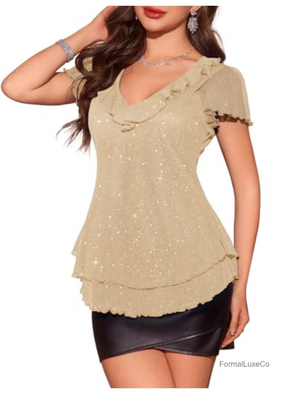 Sparkly Sequin Ruffle Sleeve V-Neck Blouse Dressy Evening Party Top